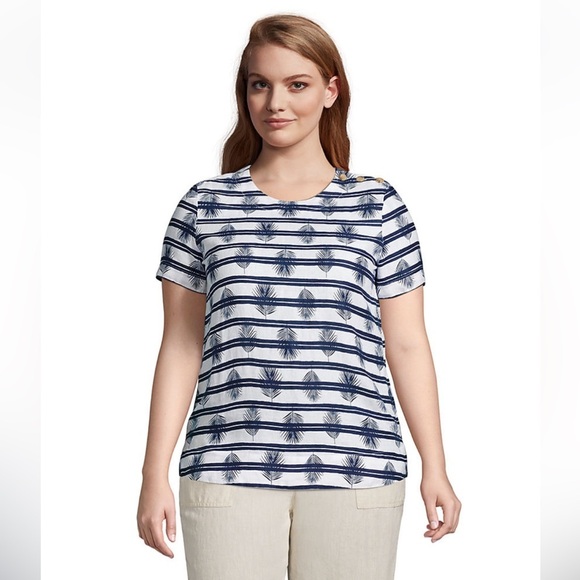 Lands' End Tops - Women's Land’s End Size Navy and White Striped 100% Linen Short sleeve Top